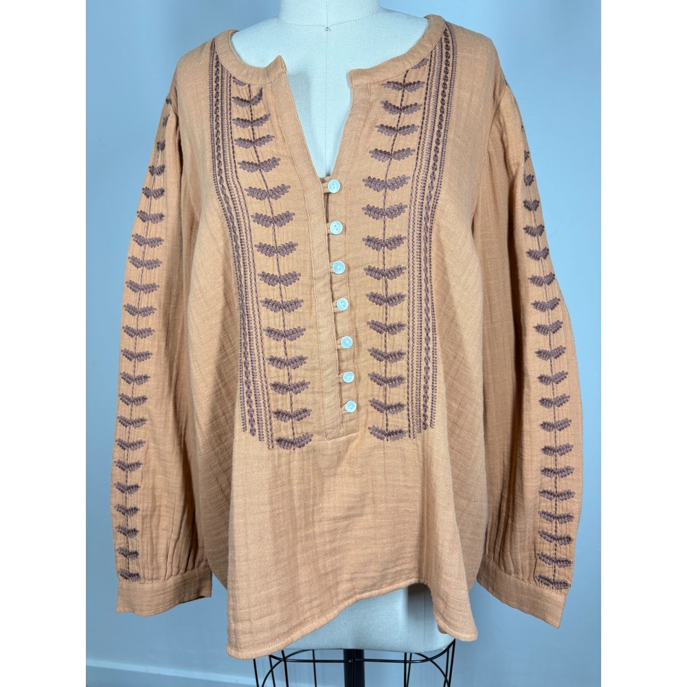 Pure Jill Womens Blouse LP Burnt Orange Embroidered Gauze Boho Peasant Top - Picture 13 of 14